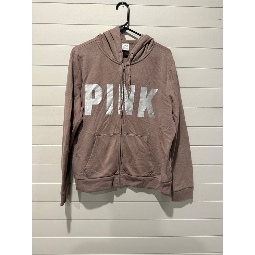 PINK Victoria's Secret Full Zip Hoodie Womens XL Brown Silver Logo